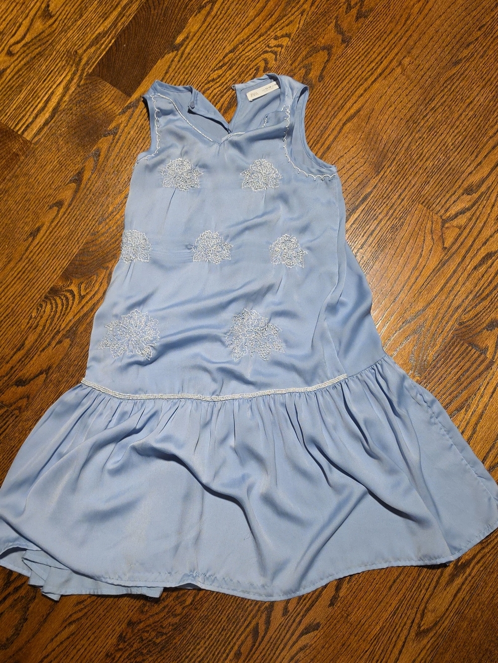 Zara Light Blue Sleeveless Dress with White Embroidery
